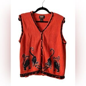 Orange Knit Vest with Black Sequin Cats